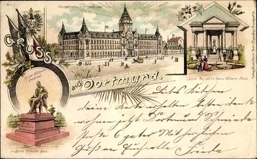 Litho Dortmund im Ruhrgebiet, Luisentempel, Kaiser Wilhelm Denkmal, Oberpostdirektionsgebäude