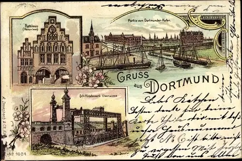 Litho Dortmund im Ruhrgebiet, Schiffshebewerk Oberwiese, Rathaus, Dortmunder Hafen