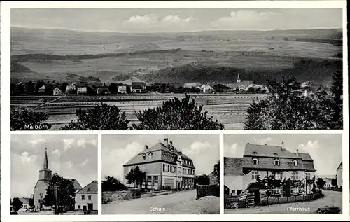 Ak Malborn im Hunsrück, Kirche, Schule, Pfarrhaus, Gesamtansicht