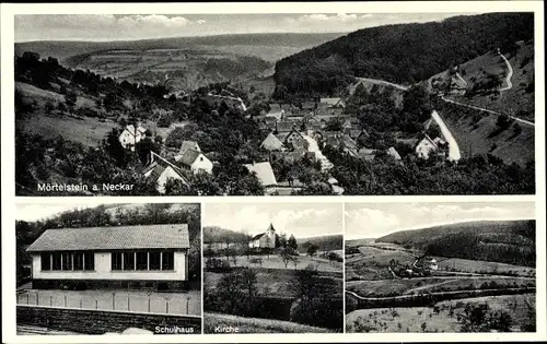 Ak Mörtelstein Obrigheim in Baden, Schulhaus, Kirche, Gesamtansicht