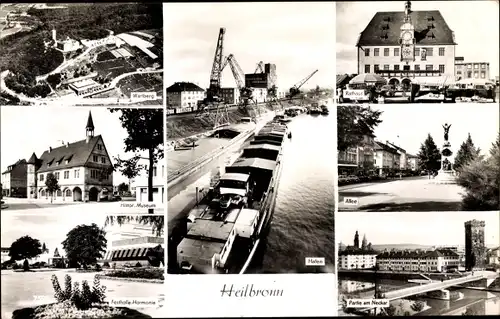 Ak Heilbronn am Neckar, Hafen, Rathaus, Neckarpartie, Wartberg, Museum, Festhalle Harmonie