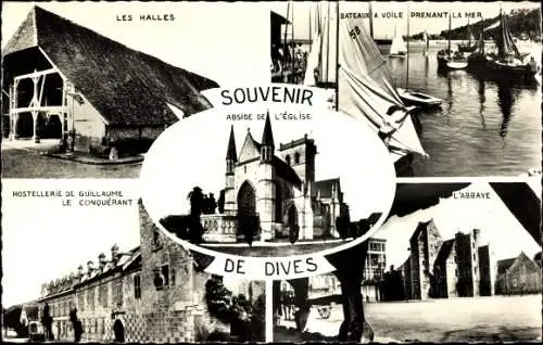 Ak Dives sur Mer Calvados, Les Halles, Hostellerie Guillaume le Conquérant, L´Abbaye, L´Église