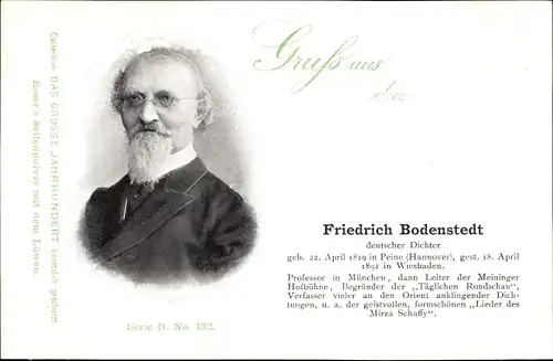 Ak Friedrich Bodenstedt, Deutscher Dichter, Portrait, Reklame, Esser's Seifenpulver
