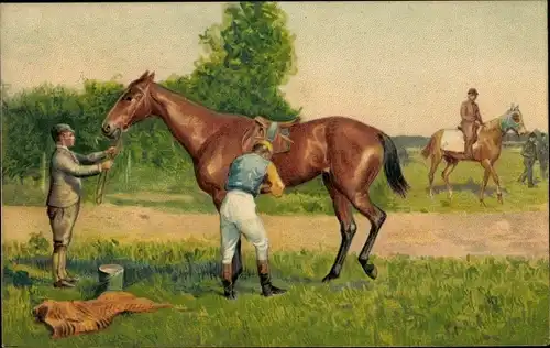 Präge Litho Jockey bereitet sein Pferd vor