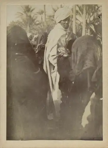 Foto um 1900, Arabischer Mann mit verschleierten Frauen