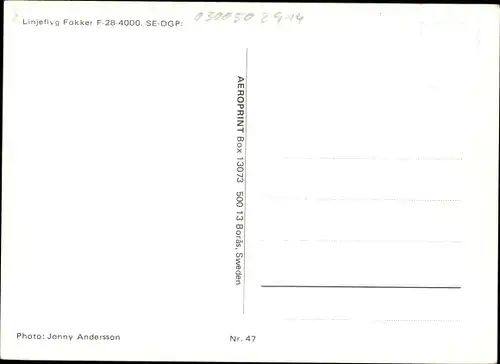 Ak Schwedisches Passagierflugzeug, Fluggesellschaft LIN, Linjeflyg Fokker F-28-4000, SE-DGP