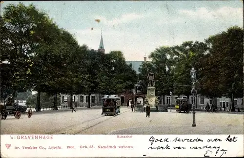 Ak 's Gravenhage Den Haag Südholland, Buitenhof, Statue, Tram