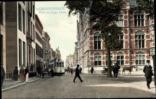 Ak 's Gravenhage Den Haag Südholland, Plein en Lange Poten, Straßenbahn, Pferdekutsche