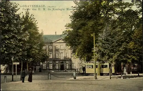 Ak 's Gravenhage Den Haag Südholland, Palais va H. M. de Konigin Moeder, Straßenbahn