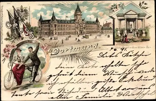 Litho Dortmund im Ruhrgebiet, Luisentempel, Kaiser Wilhelm Hain, Oberpostdirektion, Tandem, Wappen