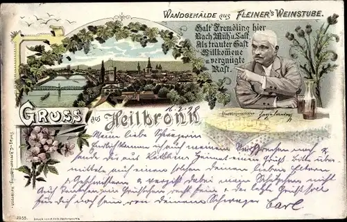 Litho Heilbronn am Neckar, Ort, Wandgemälde aus Fleiner's Weinstube