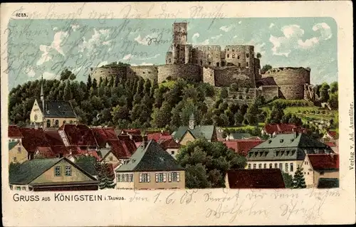 Litho Königstein im Taunus, Burg, Stadtansicht