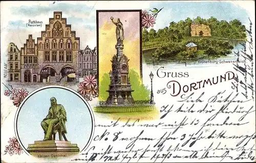 Litho Dortmund im Ruhrgebiet, Rathaus, Denkmäler, Kronenburg Schwanenteich