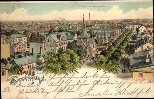 Litho Dortmund im Ruhrgebiet, Südwall mit Gymnasium