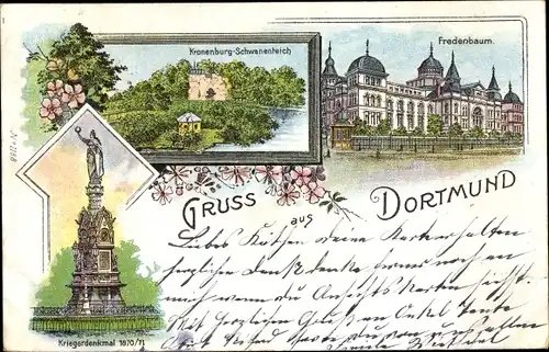 Litho Dortmund im Ruhrgebiet, Kronenburg Schwanenteich, Fredenbaum, Kriegerdenkmal
