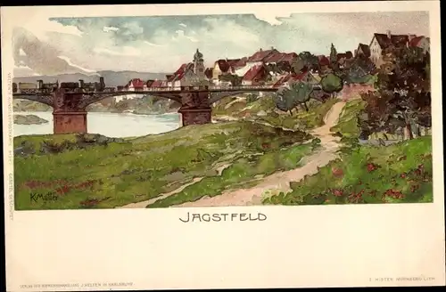 Künstler Litho Mutter, K., Jagstfeld Bad Friedrichshall, Blick auf den Ort, Kirche, Brücke