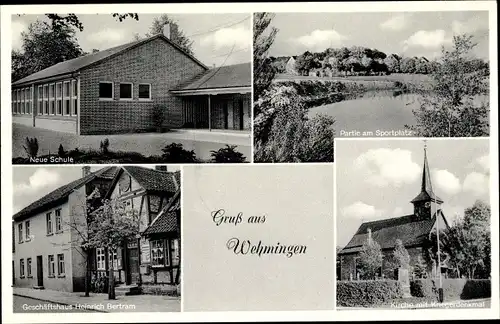 Ak Wehmingen Sehnde in Niedersachsen, Schule, Sportplatz, Geschäft Heinrich Bertram, Kirche, Denkmal