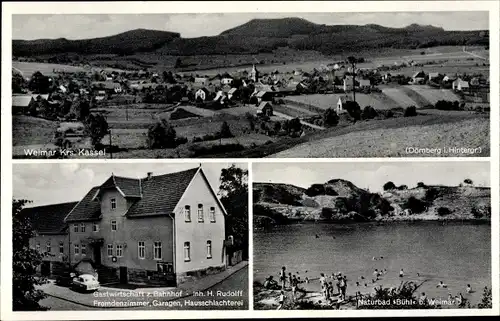 Ak Weimar an der Lahn Hessen, Panorama, Naturbad, Gastwirtschaft zum Bahnhof