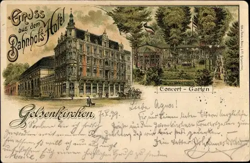 Litho Gelsenkirchen im Ruhrgebiet, Konzertgarten, Bahnhofshotel