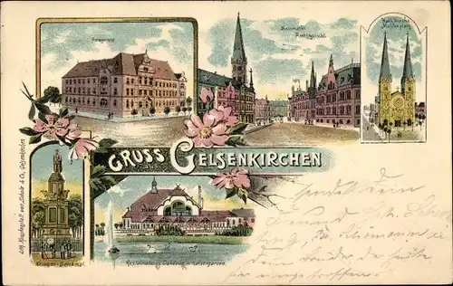 Litho Gelsenkirchen im Ruhrgebiet, Amtsgericht, Kriegerdenkmal, Gasthof Kaisergarten, Kirche