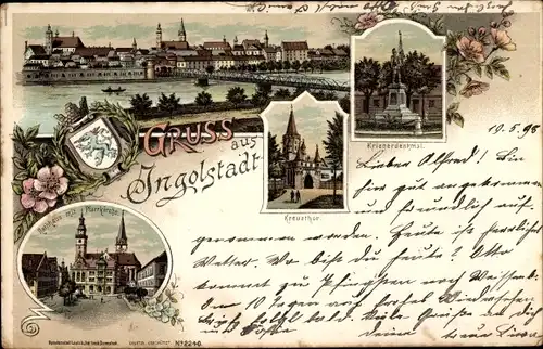 Litho Ingolstadt an der Donau Oberbayern, Kriegerdenkmal, Kreuztor, Rathaus, Pfarrkirche