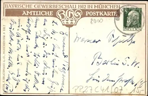 Ganzsachen Künstler Ak Bergen, Claus, München Bayern, Bayrische Gewerbeschau 1912, PP 27 C 41 07