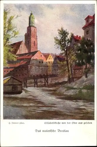 Künstler Ak Irmann, H., Wrocław Breslau Schlesien, Elisabethkirche von der Oder aus gesehen