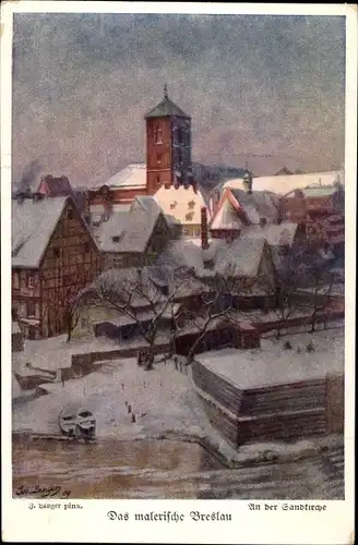 Künstler Ak Langer, J., Wrocław Breslau Schlesien, Winter, Sandkirche