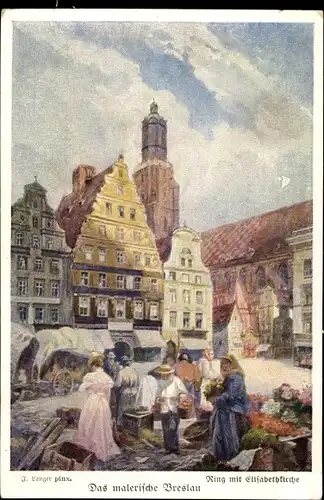 Künstler Ak Langer, F., Wrocław Breslau Schlesien, 2. Ring mit Elisabethkirche, Markt