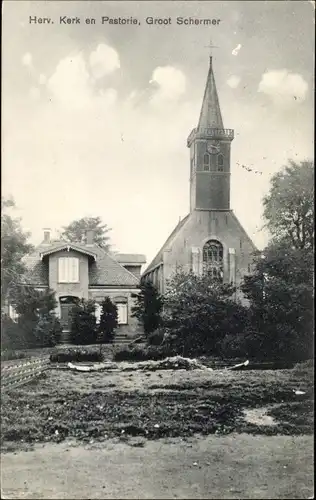 Ak Grootschermer Nordholland Niederlande, Herv. Kerk en Pastorie