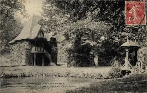 Ak Cahan Orne, Château de Cahan, coin du parc, Chalet du Moulin Foulon