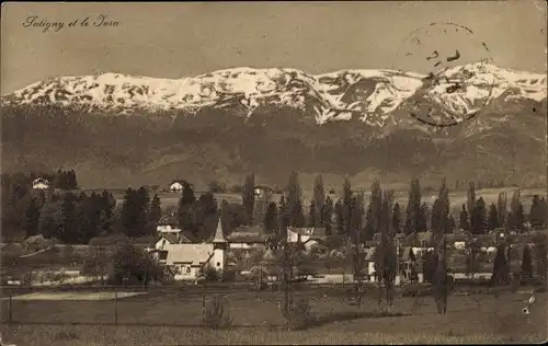 Ak Satigny Kanton Genf Genève, Blick auf Ort und Jura-Massiv