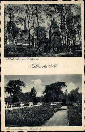 Ak Katowice Kattowitz Oberschlesien, Holzkirche im Südpark, Rosengarten