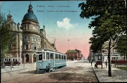 Ak Kraków Krakau Polen, Posthaus und Alte Weichselgasse, Straßenbahn