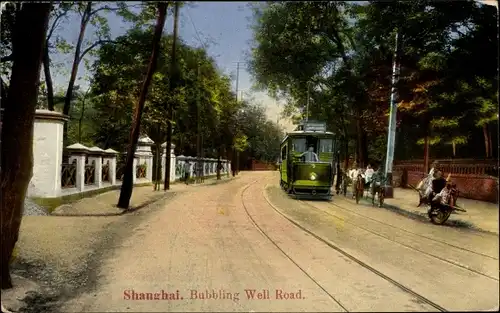 Ak Shanghai China, Bubbling Well Road, Straßenbahn