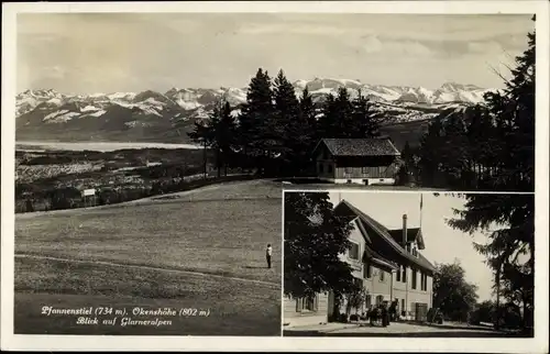 Ak Meilen Kanton Zürich, Gasthaus zum Pfannenstiel, Okenshöhe, Blick auf die Glarneralpen