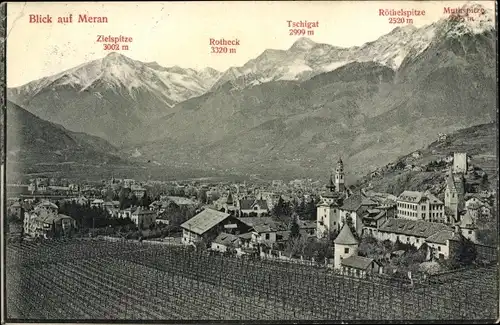 Ak Meran Merano Südtirol, Blick über die Stadt und das Tal, Bergpanorama