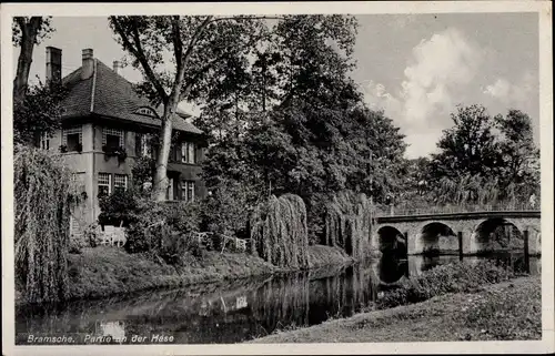 Ak Bramsche in Niedersachsen, Partie an der Hase, Brücke, Wohnhaus