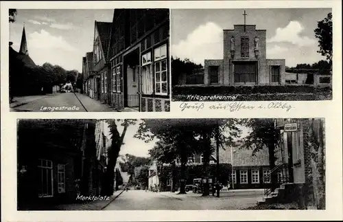 Ak Essen in Oldenburg, Kriegerehrenmal, Marktplatz, Langestraße, Friseur