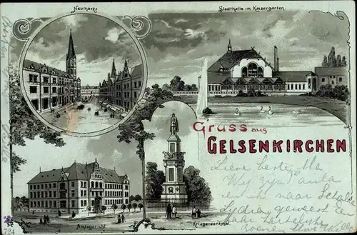 Mondschein Litho Gelsenkirchen im Ruhrgebiet, Amtsgericht, Kriegerdenkmal, Stadthalle, Kaisergarten