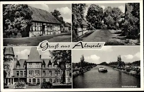 Ak Alswede Lübbecke in Westfalen, Mittellandkanal, Schloss Hollwinkel, Gasthaus Hageböke, Dorfstraße