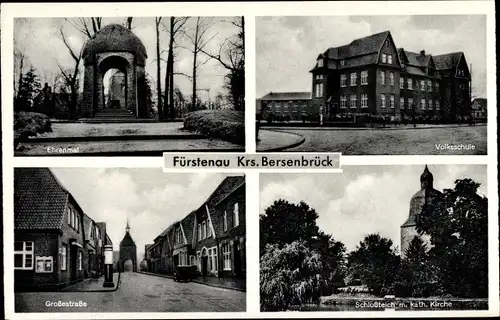 Ak Fürstenau Niedersachsen, Ehrenmal, Volksschule, Großestraße, Schloßteich m. kath. Kirche