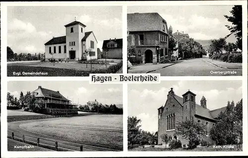 Ak Boelerheide Hagen in Westfalen, Ev. Gemeindehaus, Kath. Kirche, Overbergstraße, Kampfbahn