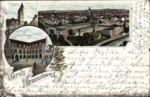 Litho  Braunschweig in Niedersachsen, Panorama, Rathaus, Andreas Kirche