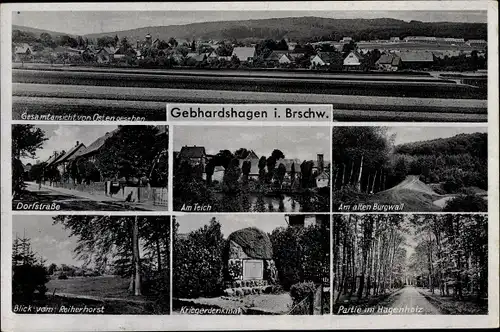 Ak Gebhardshagen Salzgitter in Niedersachsen, Gesamtansicht, Alter Burgwall, Kriegerdenkmal