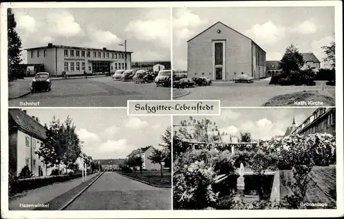 Ak Lebenstedt Salzgitter in Niedersachsen, Grünanlage, Kath. Kirche, Hasenwinkel, Bahnhof Straßens.