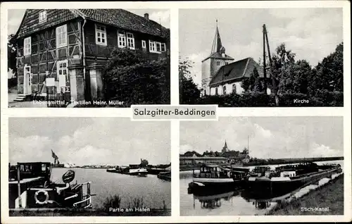 Ak Beddingen Salzgitter in Niedersachsen, Kirche, Hafenpartie, Lebensmittel, Stich Kanal
