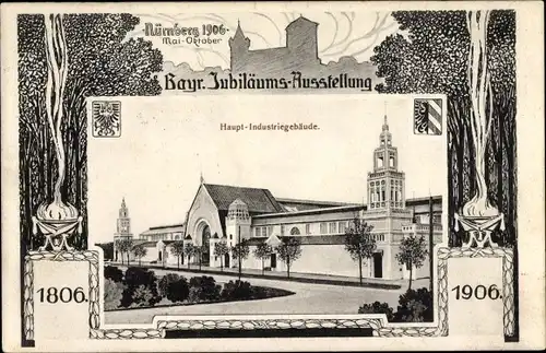 Passepartout Ak Nürnberg in Mittelfranken Bayern, Bayr. Jubiläums Ausstellung 1906, Industriegebäude