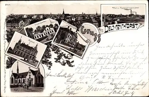 Litho Delmenhorst in Niedersachsen, Stadtansichten, Post, Kirche, Stadtpanorama, Tiergarten