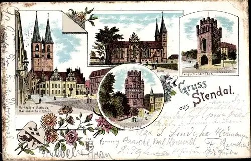 Litho Stendal in der Altmark, Tangermünder Tor, Unglinger Tor, Dom, Marktplatz, Rathaus, Wappen